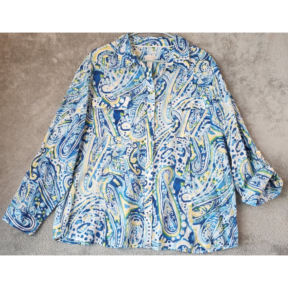Chicos Shirt Womens Size 3 Blue Yellow Paisley Roll Tab Button Down Boho Casual